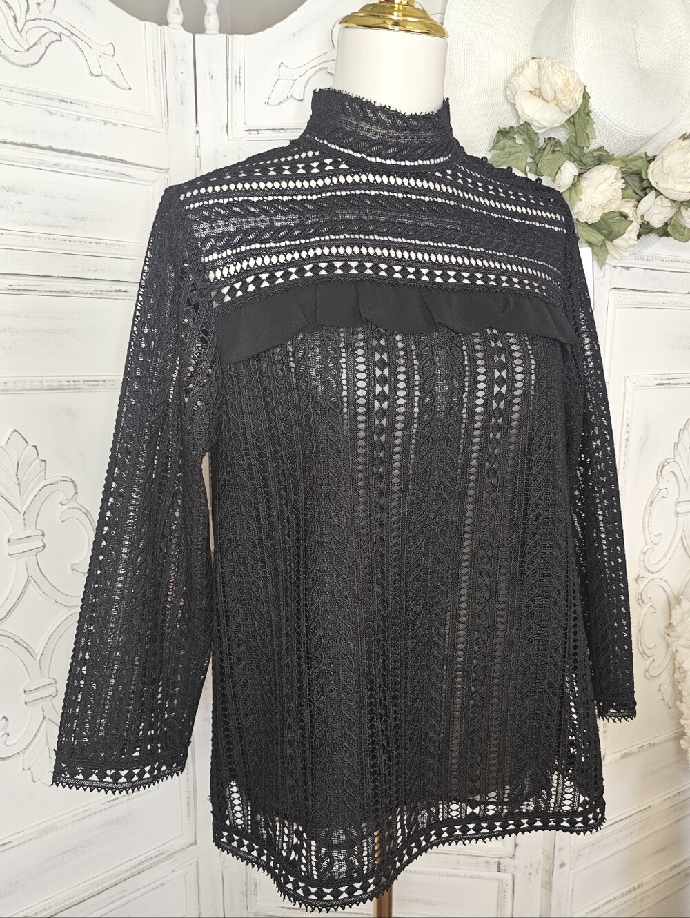 Anthropologie by See U Soon Black Sheer Crochet Lace High Neck Blouse Top